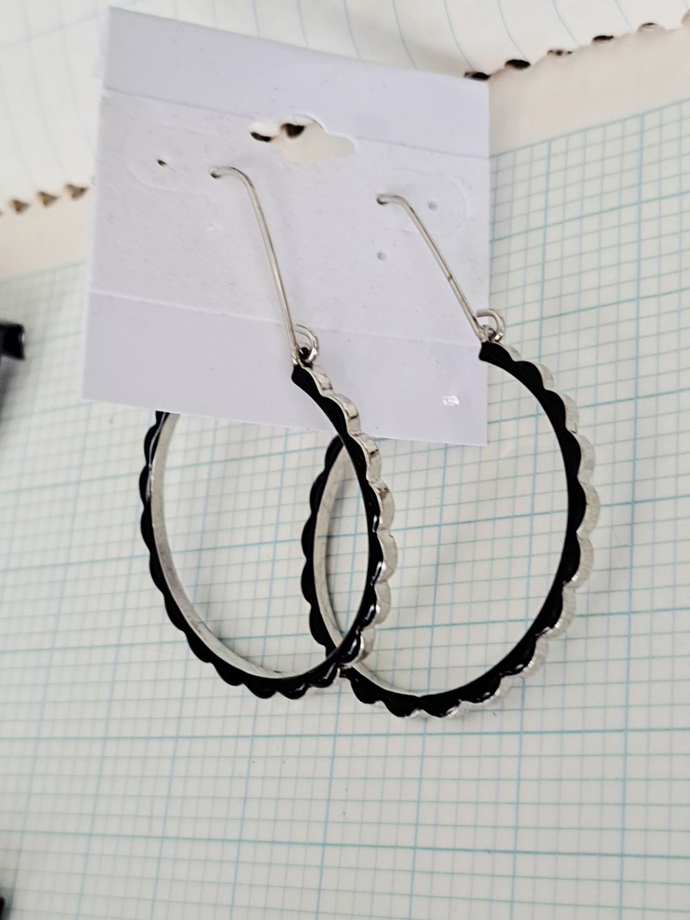 Silver and Black Scalloped Hoop Earrings - Women Jewelry